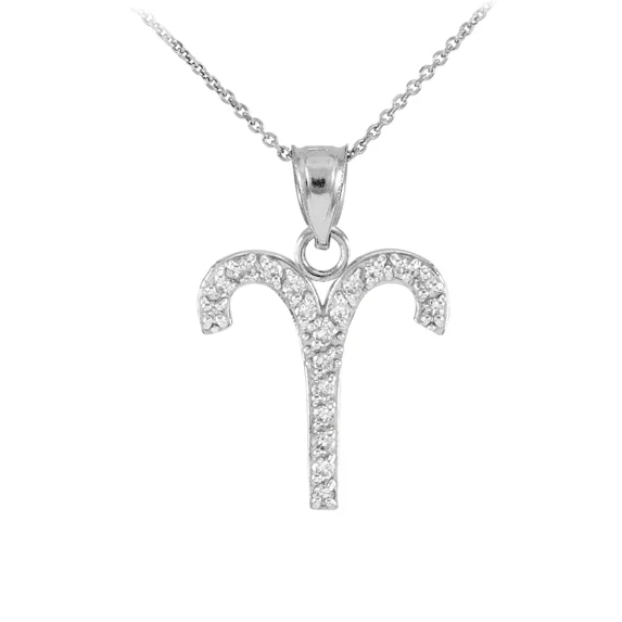 14K WHITE GOLD ARIES ZODIAC SIGN DIAMOND PENDANT NECKLACE - Pendant with 22" chain