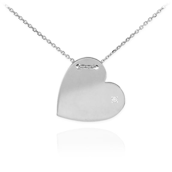 14K WHITE GOLD DIAMOND ENGRAVABLE HEART NECKLACE : 18"