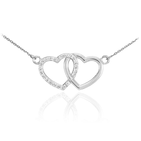 14K WHITE GOLD DOUBLE HEART DIAMOND NECKLACE : 16"