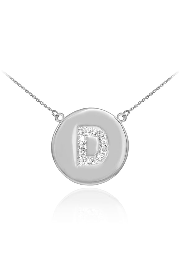 14K WHITE GOLD LETTER "D" INITIAL DIAMOND DISC NECKLACE : 16"