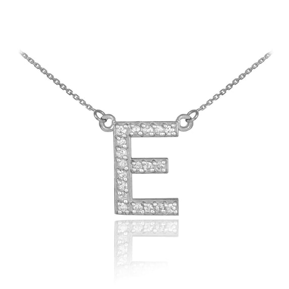 14K WHITE GOLD LETTER "E" DIAMOND INITIAL NECKLACE : 20"