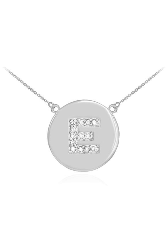 14K WHITE GOLD LETTER "E" INITIAL DIAMOND DISC NECKLACE : 22"