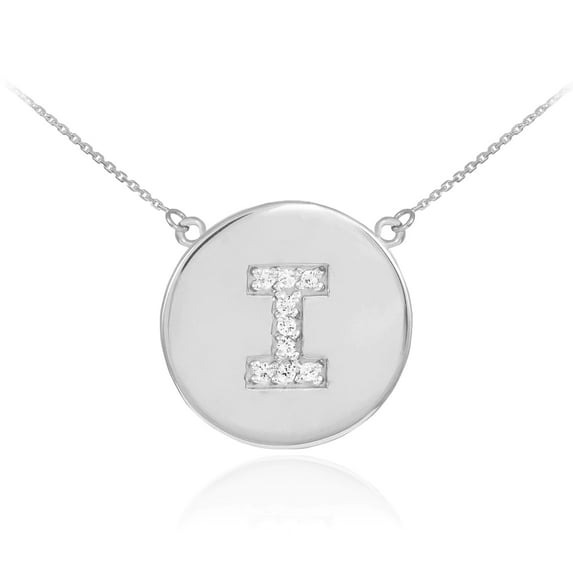 14K WHITE GOLD LETTER "I" INITIAL DIAMOND DISC NECKLACE : 22"