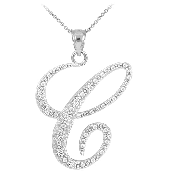 14K WHITE GOLD LETTER SCRIPT "C" DIAMOND INITIAL PENDANT NECKLACE : Pendant with 20" chain