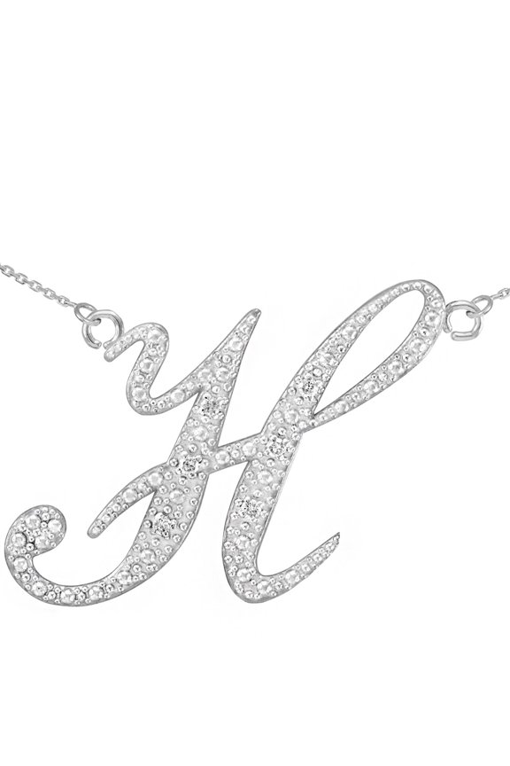 14K WHITE GOLD LETTER SCRIPT "H" DIAMOND INITIAL NECKLACE :  16"