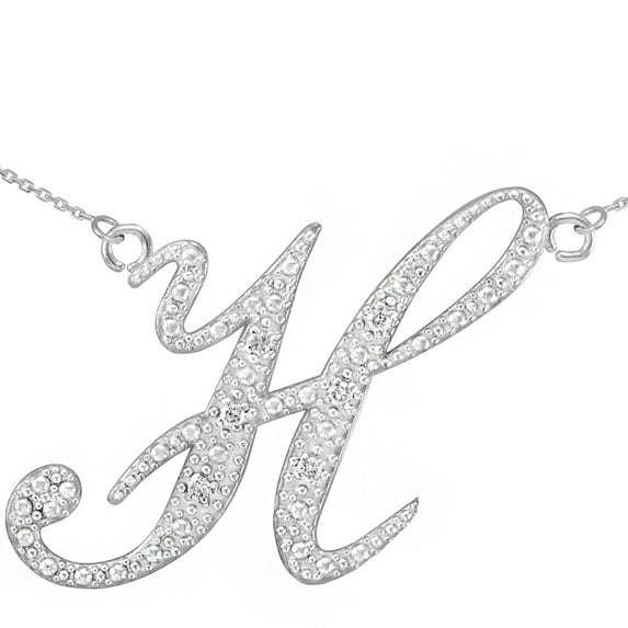 14K WHITE GOLD LETTER SCRIPT "H" DIAMOND INITIAL NECKLACE : 22"
