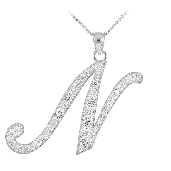 14K WHITE GOLD LETTER SCRIPT "N" DIAMOND INITIAL PENDANT NECKLACE : Pendant with 18" chain