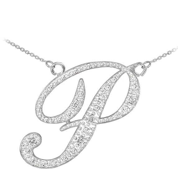 14K WHITE GOLD LETTER SCRIPT "P" DIAMOND INITIAL NECKLACE : 18"