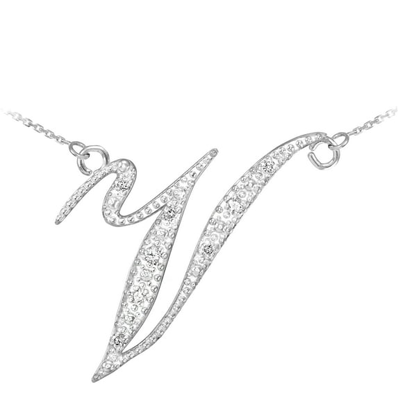14K WHITE GOLD LETTER SCRIPT "V" DIAMOND INITIAL NECKLACE : 18"