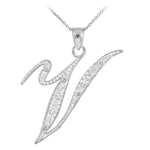 14K WHITE GOLD LETTER SCRIPT "V" DIAMOND INITIAL PENDANT NECKLACE : Pendant with 22" chain