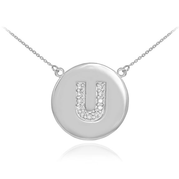14K WHITE GOLD LETTER "U" INITIAL DIAMOND DISC NECKLACE : 22"