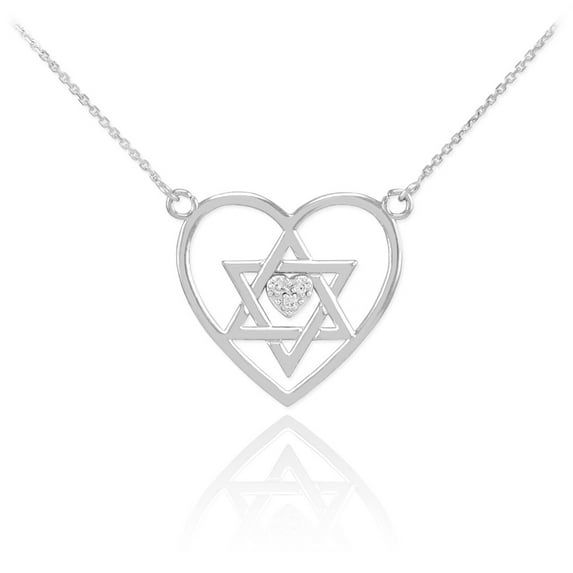14K WHITE GOLD OPEN HEART STAR OF DAVID DIAMOND PAVE HEART NECKLACE : 18"