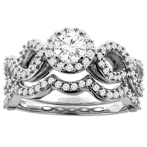14K White Gold 0.85 cttw Round Diamond 2-piece Halo Bridal Ring Set, size 5