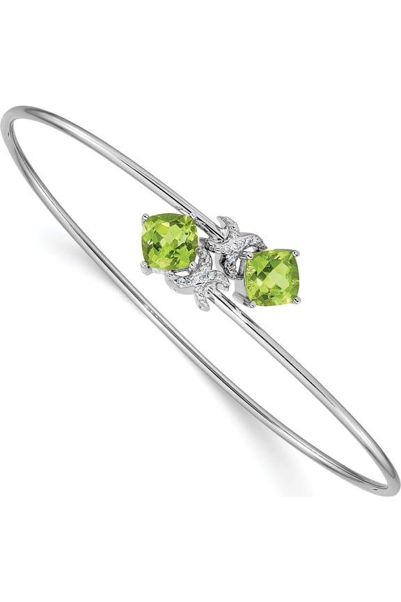 14K White Gold Complete Cushion-cut Peridot and .03 carat Diamond Flexible Bangle Bracelet