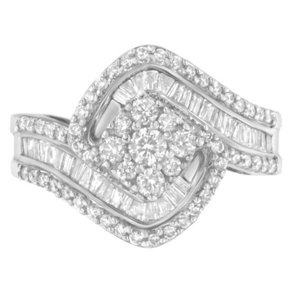 14K White Gold 1.0 CTTW Baguette & Brilliant-Cut Diamond Round Floral Cluster Ring with Swirl Wrapped Triple Row Band, H-I Color - SI2-I1 Clarity - Size 7.25
