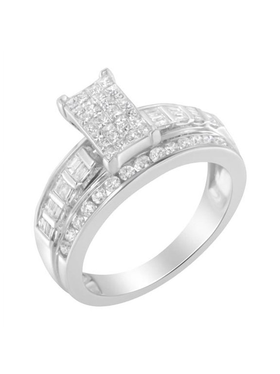 14K White Gold 1.0 CTTW Mixed-Cut Diamond Rectangle Invisible-Set Composite Cluster Ring with Bar- & Channel-Set Band, H-I Color - SI2-I1 Clarity - Size 7