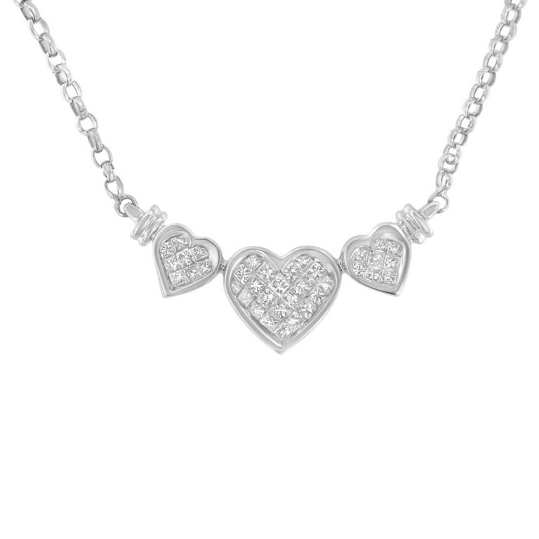 14K White Gold 1.0 Cttw Invisible-Set Princess-Cut Diamond Triple Heart  Link Statement Necklace with 18 Inch Box Chain (H-I Color, SI2-I1 Clarity)  