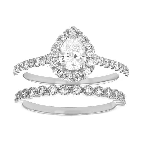 14K White Gold 1-1/4 cttw. Certified Pear-cut Diamonds Vintage Bridal Set by Hollywood Hills Jewelers