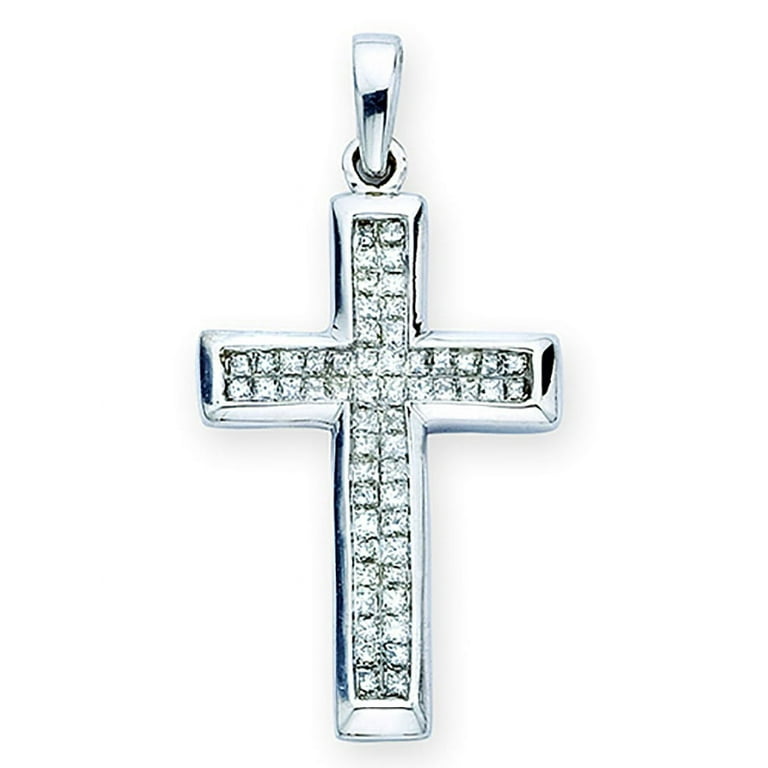 14K White Gold 1/2 ct. Princess Cut Diamond Cross Pendant with Chain