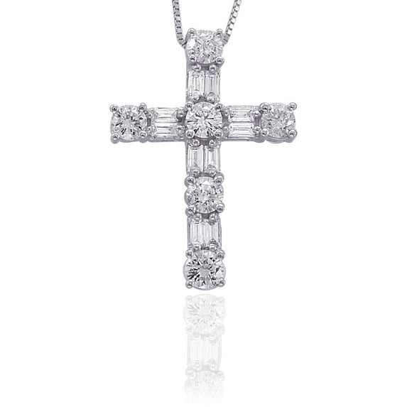 14K White Gold 1/2 ct. Round and Baguette Cut Diamond Cross Pendant with Chain