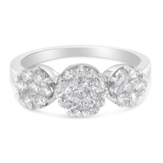 14K White Gold 1.25 CTTW Brilliant Cut Diamond Three Round Floral Clusters Engagement or Fashion Ring, H-I Color - SI2-I1 Clarity - Size 6.50