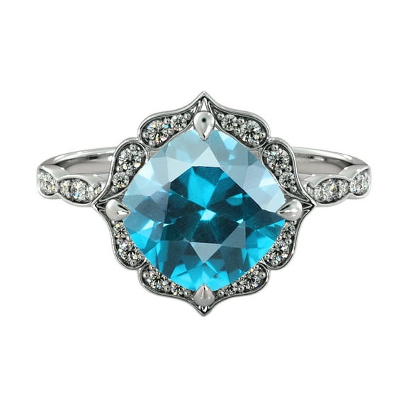 14K White Gold 1.25 ctw Blue Topaz Ring with Diamonds Flower Leaves Halo