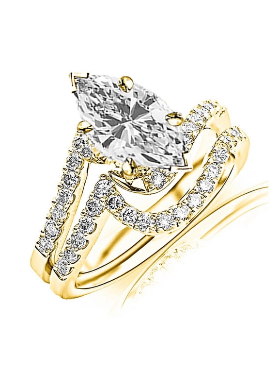 14K White Gold 1.5 Carat LAB GROWN DIAMOND Curving Pave & Prong-set Round Marquise Cut Diamond Engagement Ring and Wedding Band Set (D-E Color VS1-VS2 Clarity 0.75 Ct Center)