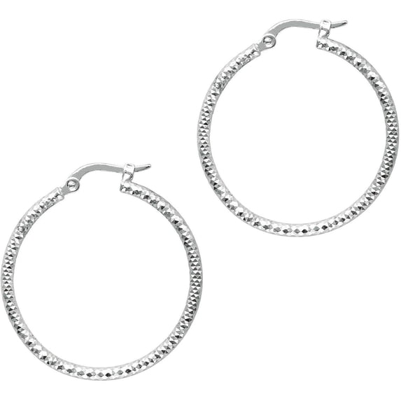 14K White Gold 1.5x25mm Round Diamond Cut Hoop Earring with Hinged Closure