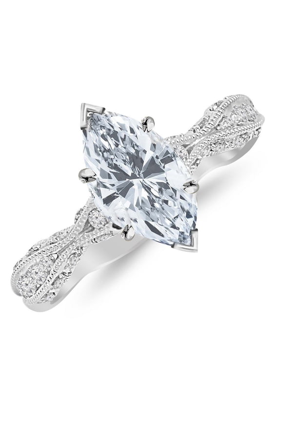 14K White Gold 1.75 Carat LAB GROWN DIAMOND Channel Set Eternity Curving Marquise Cut Diamond Engagement Ring (G-H Color VS1-VS2 Clarity 1.5 Ct Center)