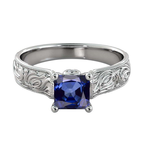 14K White Gold 2.06 ctw Lab Created Blue Sapphire Ring with Diamonds Filigree Cathedral Princess
