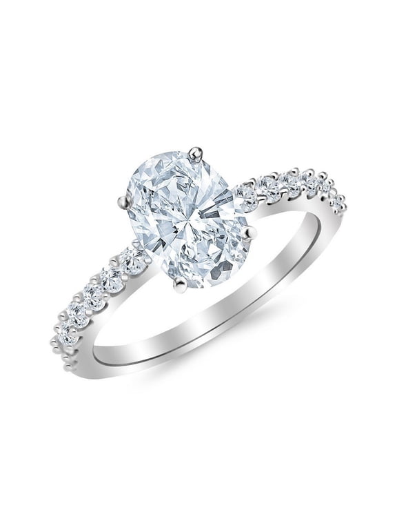 14K White Gold 2 Carat LAB GROWN DIAMOND Classic Prong Set Oval Cut Diamond Engagement Ring (D-E Color VS1-VS2 Clarity 1.5 Ct Center)
