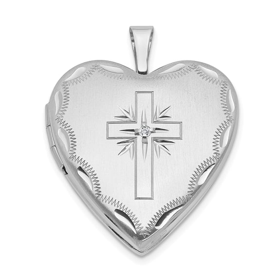 14K White Gold 20mm White Gold Diamond Set Cross Heart Locket