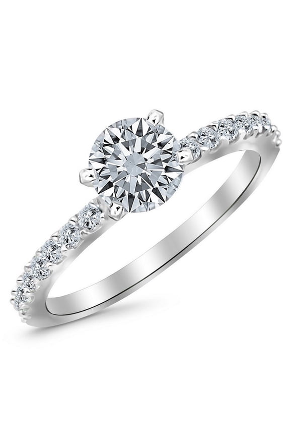 14K White Gold 3.25 Carat LAB GROWN DIAMOND Classic Side Stone Pave Set Round Cut Diamond Engagement Ring (D-E Color VS1-VS2 Clarity 3 Ct Center)