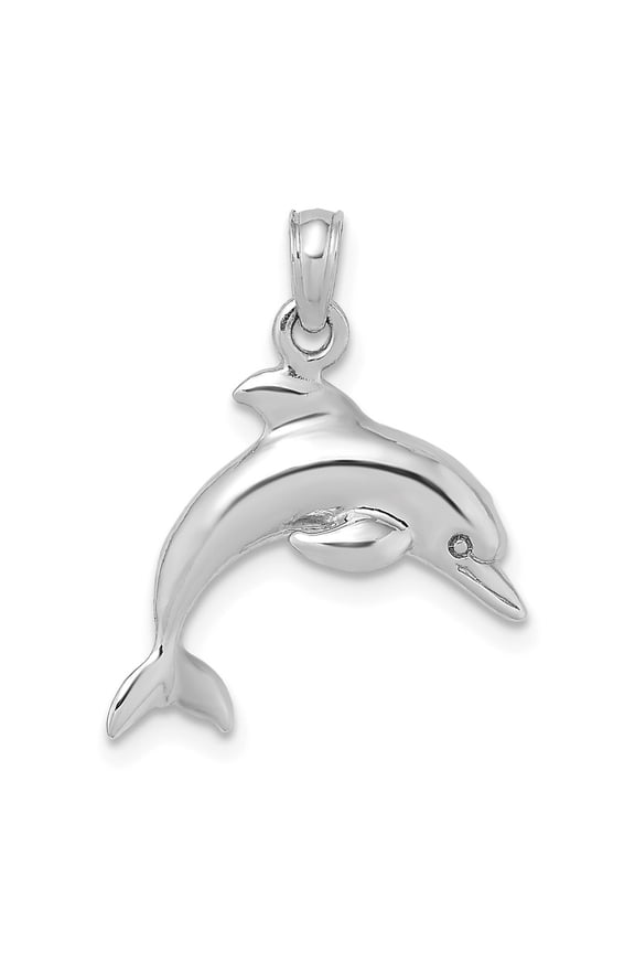14K White Gold Textured Polished Finish 3-Dimensional Dolphin Jumping Swimming Design Charm Pendant