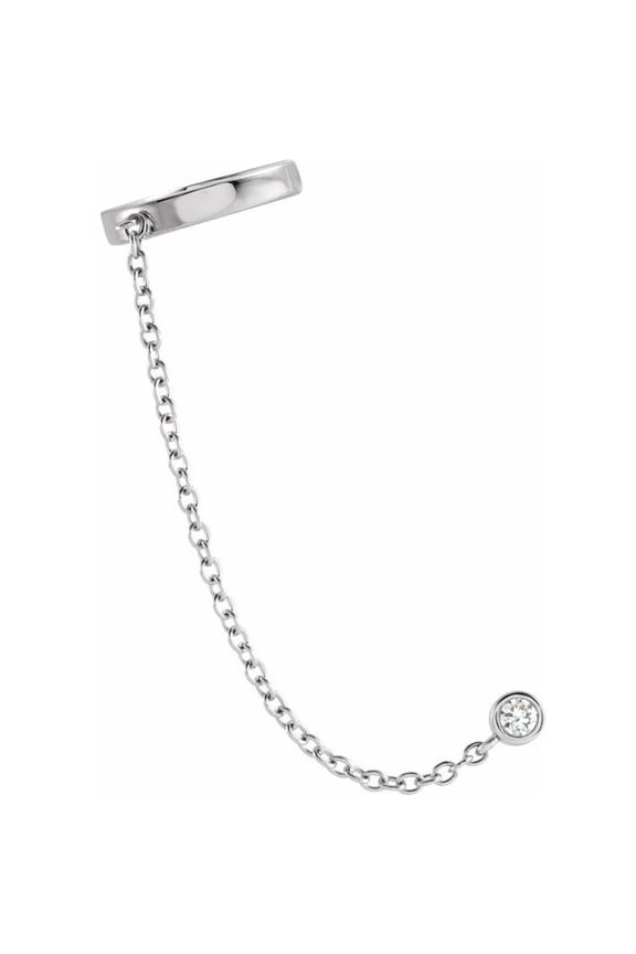 14K White Gold 3 Mm Round Polished 1/10 Ct Natural Diamond Single Ear Cuffs With Chain