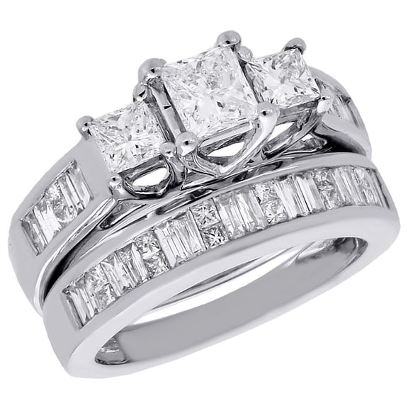 14K White Gold 3 Stone Princess Diamond Past Present Future Bridal Set 2 Ct.