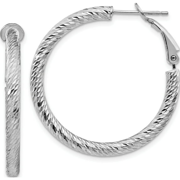 14K White Gold 3X25mm Diamond-Cut Round Omega Back Hoop Earrings (32.25 X 32) Made In Peru pre940w