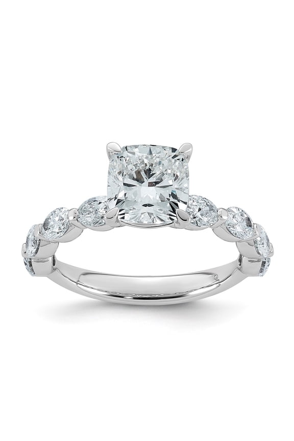 14K White Gold 3ct Cert. Cushion Ctr Lab Grown Diamond VS+ F+ w/ Oval Sides Comp. Eng. Ri