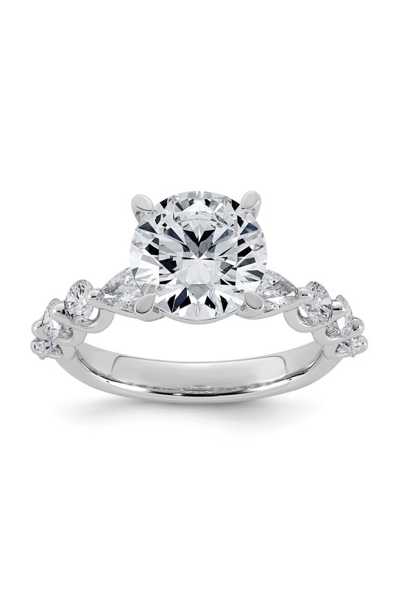 14K White Gold 4 1/8ct Cert. Rd Ctr Lab Grown Diamond VS+ F+ w/ Rd & Pear Sides Comp. Eng