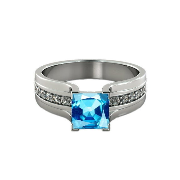 14K White Gold 4.20 ctw Blue Topaz Ring with Diamonds Bridge Channel set Princess