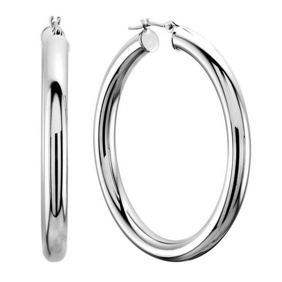14K White Gold 4MM Shiny Round Tube Hoop Earrings, 40mm