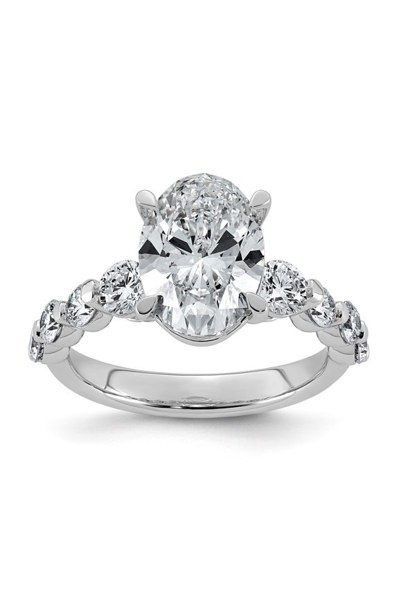 14K White Gold 4ct Certified Oval Ctr Lab Grown Diamond VS+ F+ w/ Round Sides Comp. Eng.