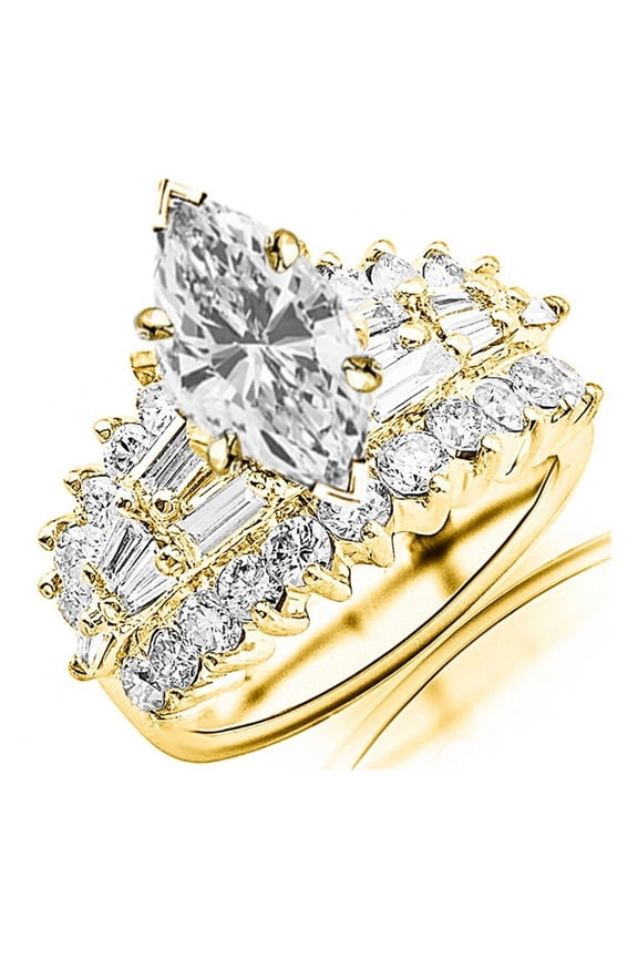 14K White Gold 5 Carat LAB GROWN DIAMOND Exquisite Prong Set Bageutte And Round Marquise Cut Diamond Engagement Ring (G-H Color VS2-SI1 Clarity 3 Ct Center)
