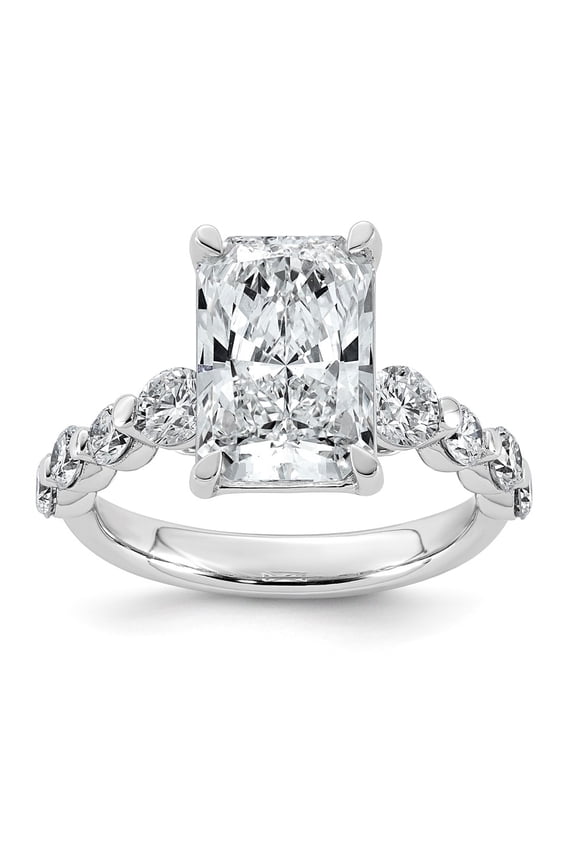 14K White Gold 5ct Cert. Radiant Ctr Lab Grown Diamond VS+ F+ w/ Round Sides Comp. Eng. R