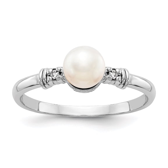 14K White Gold 5mm FW Cultured Pearl AA Diamond Ring Size 6