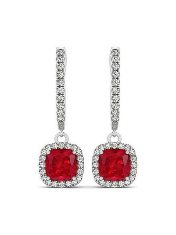 14K White Gold 6.60 CT Ruby & Diamonds Dangle Earrings