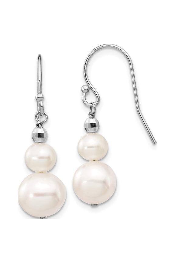 14K White Gold 6-9mm White Semi-round Freshwater Cultured Pearl Graduated Dangle Earrings