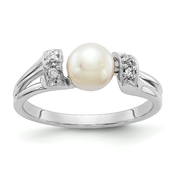14K White Gold 6mm FW Cultured Pearl AA Diamond Ring Size 6