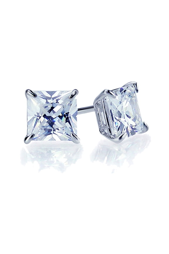 14K White Gold 6mm Square Princess Cut Cubic Zirconia Basket Set Solitaire Stud Earrings