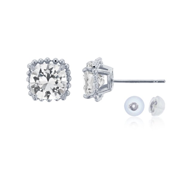 14K White Gold 6x6mm Cushion Cut Bead Frame Stud Earring with Silicone
